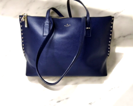 Kate Spade On Purpose Navy Blue Studded Tote Purse Leather Gold Studs Zi... - $112.19