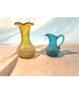 2 Vintage Crackle Glass Pieces - Blue Tiny Pitcher  Amber-Gold But Vase - £12.57 GBP