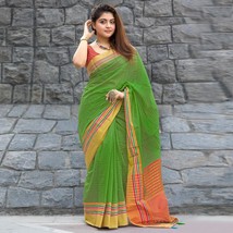 Cotton Saree WITH UNSTICHED BLOUSE Green Woven - £33.02 GBP