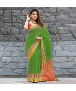 Cotton Saree WITH UNSTICHED BLOUSE Green Woven - £33.12 GBP