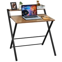 Small Folding Desk No Assembly Required, Fully Unfold 27.3 X 22 Inch 2-Tier Comp - £81.22 GBP