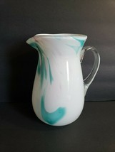 White 7 &quot; Glass Handblown Pitcher With Clear Handle and Swirl Pattern - £12.71 GBP
