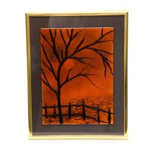 Vintage Handmade Art work Enamel Plaque Framed Red Fire Scene 9.25 x 7.25&quot; - £13.04 GBP