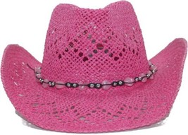 Vamuss Women’s Straw Cowboy Hat With Beaded Trims Pink Beads Shapeable Brim - £16.61 GBP