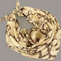 Vintage Chain Print Square Scarf Beige and Brown , Elegant Satin Neckerc... - £19.55 GBP