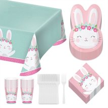 Birthday Bunny Party Pack - Pink Boho Floral Paper Bunny Shaped Plates, Beverage - £27.07 GBP