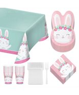 Birthday Bunny Party Pack - Pink Boho Floral Paper Bunny Shaped Plates, Beverage - £26.98 GBP