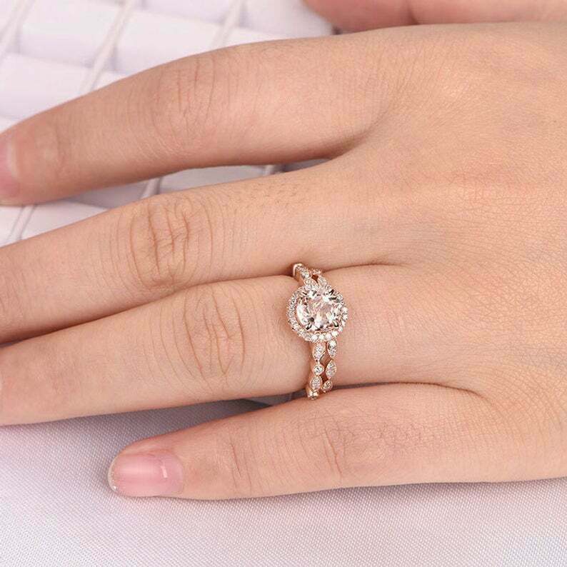2.60Ct Round Morganite Bridal Set Halo Engagement Ring Solid 14K Rose Gold FiN Item image 2