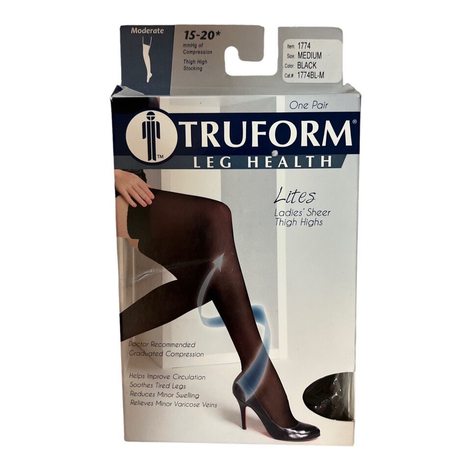 Truform Womens M Black Stockings Thigh High Sheer 8-15 mmHg 1764BL-M Gen... - $14.17