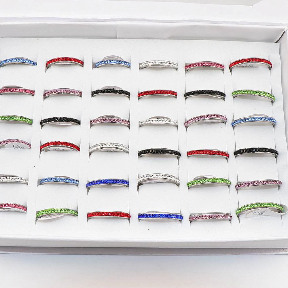 Wholesale 50 Pcs/lot Multicolor One Row Rhinestones Stainless Steel Rings Women  - £40.03 GBP