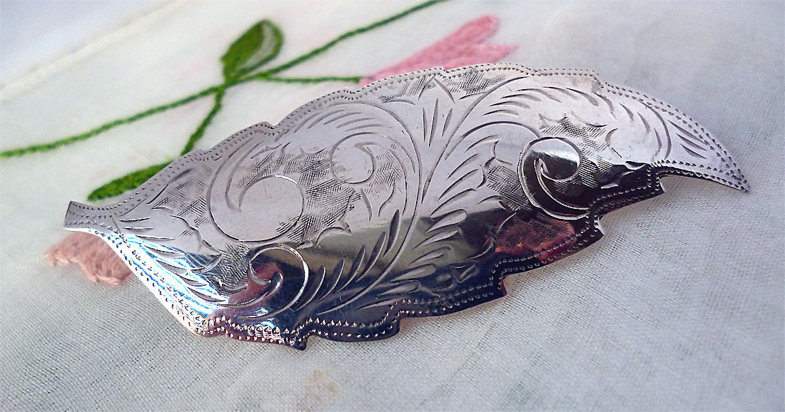 Primary image for Victorian Revival Sterling Leaf Brooch Bright Cut Pin Signed WX 1950's