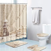 4 Piece Shower Curtain Sets, Beach Beige With Non-Slip Rugs, Toilet Lid Cover An - $44.99