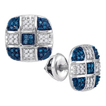 10kt White Gold Womens Round Blue Color Enhanced Diamond Checkered Stud Earrings - £253.10 GBP