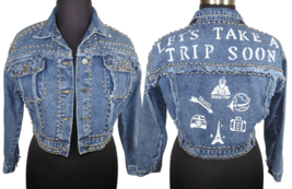Women&#39;s Custom Denim Jacket Studded Travel Art Size Petite M - $99.99