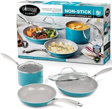 NEW Gotham Steel Aqua Blue Nonstick Ceramic 5 Pc Cookware Set pan skillets lids - £36.49 GBP