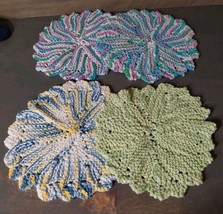 Handmade Crocheted Knit Hot Pads Pot Holders 4pc Purple Green Yellow Blue 9&#39;&#39; - £14.31 GBP