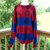 Blue &amp; Red Stripe Geometric Knit Acrylic Pullover Vintage 90s Sweater Graphix XL - £23.73 GBP