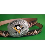 PITTSBURGH PENGUINS Leather Belt &amp; matching Epoxy oversize PENGUINS Buckle - £29.72 GBP