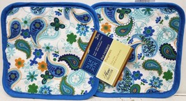 2 Same Kitchen Pot Holders (7&quot;x7&quot;) PAISLEY SHAPED FLOWERS with blue back... - £6.32 GBP