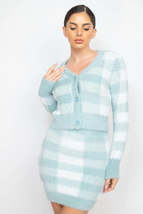 Mint Sage Blue Plaid Front Button Long Sleeve V Neck Crop Sweater Cardig... - £11.99 GBP