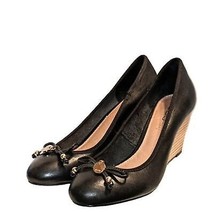 Aldo Women&#39;s Black Leather Round Toe Bow Logo Ballet Wedge Heel Shoes Size 8.5 - £23.73 GBP