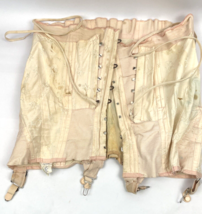 Vintage Corset Girdle Metal Garters Hooks Elastic 32 Pink Jacquard Sarong - £50.34 GBP