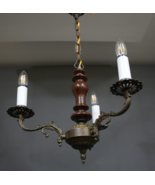 Vintage Czech Brass Chandelier 3 Arms – Ornate Wood &amp; Brass – 1950s - $451.54 CAD