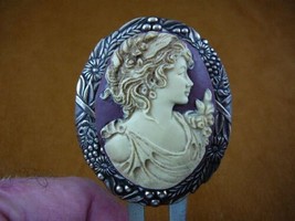 (chl14-8) LADY woman w/ roses burgundy cameo brass hair pin pick stick H... - $35.52