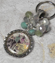 True Love Bottle Cap Keychain Crystal Beaded Handmade Split Key Ring New - $14.84