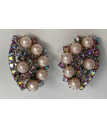Vintage Aurora Borealis Faux Pearl Rhinestone Clip Earrings 1.25” - £11.78 GBP