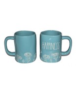 RAE DUNN Embossed Flowers &quot;HAPPINESS&quot; Aqua Blue Coffee Mug New - $38.40 CAD