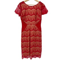 Roxberi dress 10 red lace over nude women&#39;s deep v back sheath short sle... - $13.86