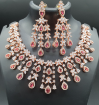 Indian Rose Gold Plated Red Bollywood Style Choker Necklace CZ Jewelry Set - £106.30 GBP