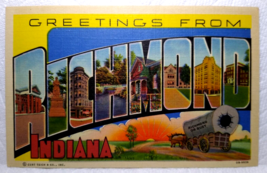 Greetings From Richmond Indiana Large Big Letter Postcard Linen Stagecoach Horse - £7.82 GBP