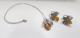 F M &amp;G Sterling Silver Honey BEE Amber 17.5&quot; Box Chain Necklace Post Earring Set - £31.00 GBP