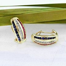 1.50Ct Round Cut Blue Sapphire Ruby &amp; Diamond Hoop Earrings 14K Yellow Gold Over - £72.95 GBP