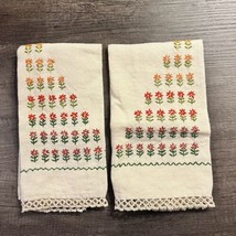 Lot of 2 Vintage Hand Embroidered Napkins Floral Red Orange - £6.73 GBP