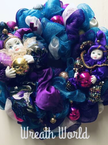 Primary image for PURPLE JESTER WREATH NEW HANDMADE PLAYFUL MOTHER CHILD MARDI GRAS TURQUOISE