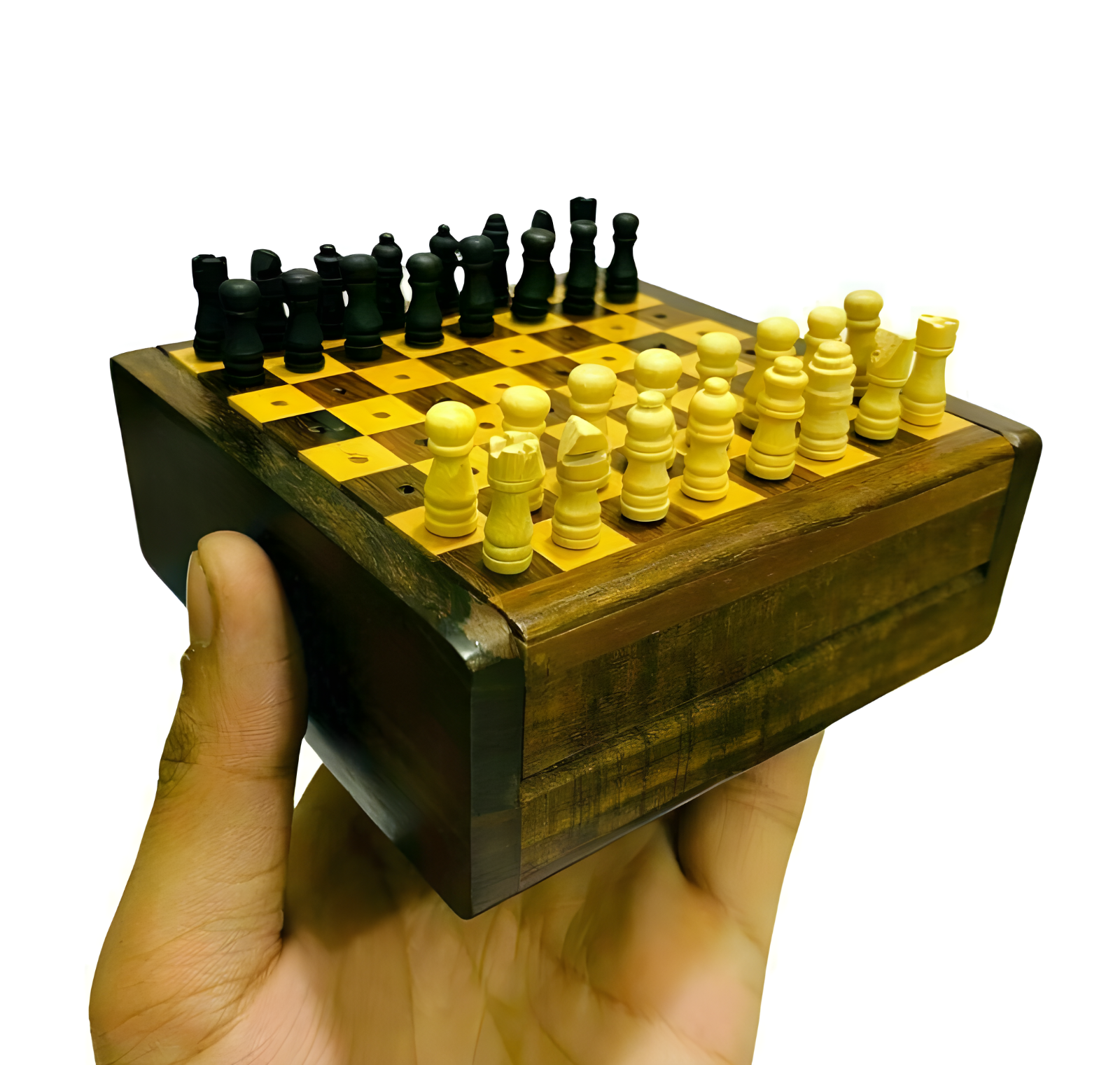 Handmade Wooden Mini Chess Board Game ~ Travel Vintage Chess Set Wooden Box - £44.92 GBP