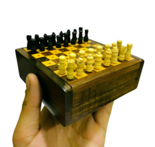 Handmade Wooden Mini Chess Board Game ~ Travel Vintage Chess Set Wooden Box - $56.52