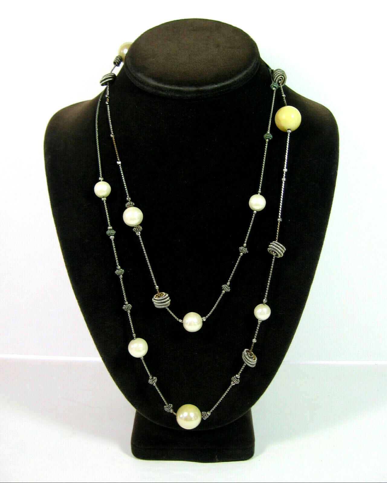 Primary image for Coiled SPRING BEADS & Faux Pearls NECKLACE Vintage Silvertone Off White 44"