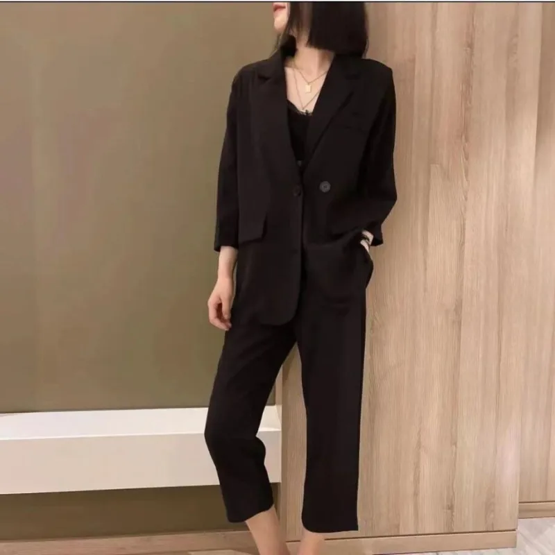 Women&#39;s Blazer Trousers Suits  Autumn   Suit Jacket Cropped Pants 2 Piece Korean - £117.10 GBP