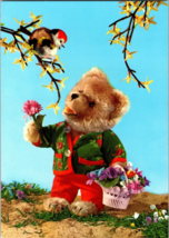 Teddy Bear Picking Flowers Bird sitting on a branch Vintage Postcard  (CC6) - £11.25 GBP