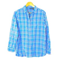 Sara Studio Button Front Flannel Shirt Womens Medium L/S Collar Cuffs Blue Plaid - £17.66 GBP