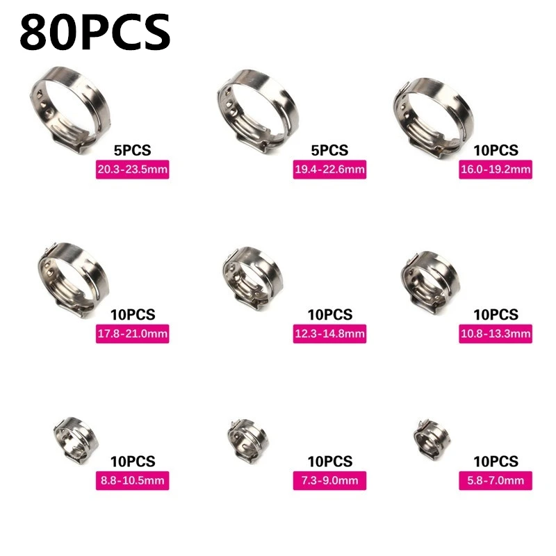 Sporting 45/80/130/140pcs Single Ear Stepless Hose Clamps 5.8-23.5mm 304 Stainle - £29.14 GBP
