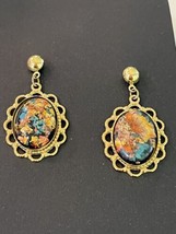 Gold-tone Earrings With Colorful Flake Inlay 1.5” - £4.73 GBP