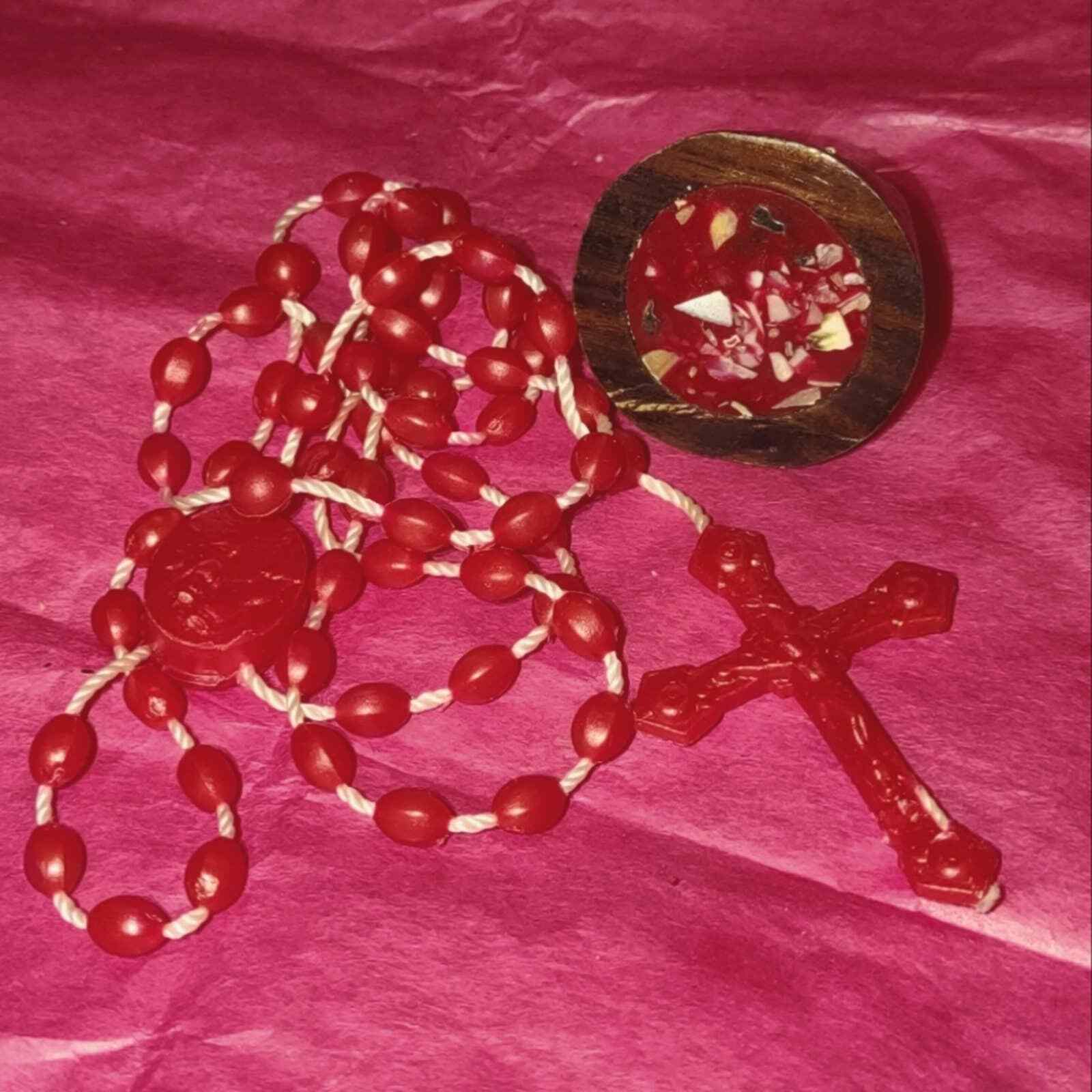 Vintage religious jewelry lot~red and white rosary~handmade wooden ring 7.5 - $20.79