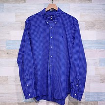 Ralph Lauren Poplin Long Sleeve Shirt Blue White Grid Check Cotton Mens XL - $39.59