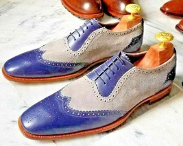 Men&#39;s Handmade Genuine Blue Leather &amp; Gray Suede Oxford Brogue Lace Up Shoes 201 - £114.95 GBP