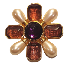 Maltese Cross Brooch Pin Pendant Rhinestone Faux Pearl Avon 2 1/2 Inches 1980&#39;s - $34.95